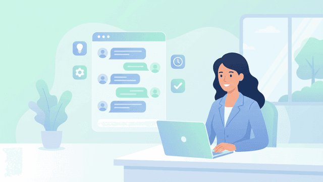 KI Chatbot fuer Unternehmen -- Kundenservice-Agentin mit Chat-Interface und Business-Icons