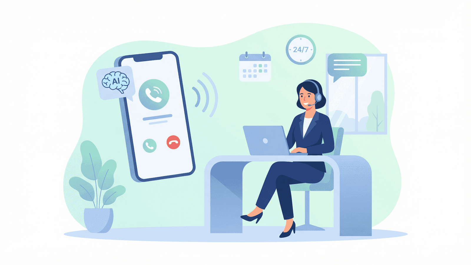 What is an AI Phone Agent -- Business woman with headset next to smartphone with AI call interface